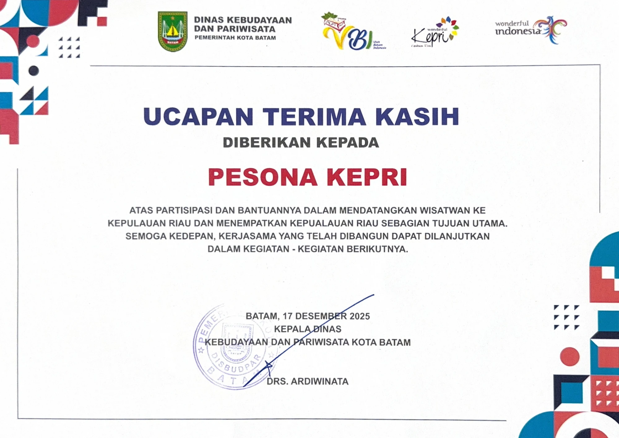 Sijil penghargaan Singgahsana Holidays 2
