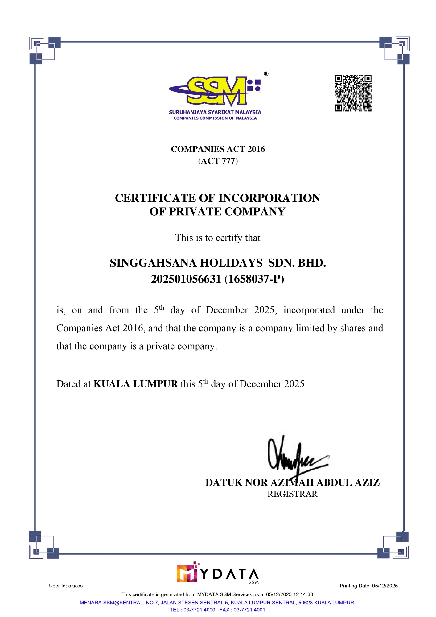 Pendaftaran SSM Singgahsana Holidays